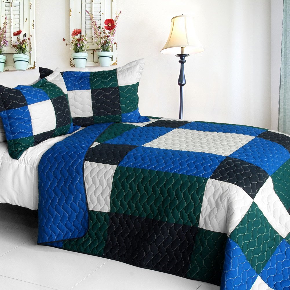 Vermicelli-Quilted Patchwork Geometric Quilt Set Full/Queen Size - Soft & Stylish Bedding for Modern Bedrooms, Guest Rooms, and Cozy Home Decor