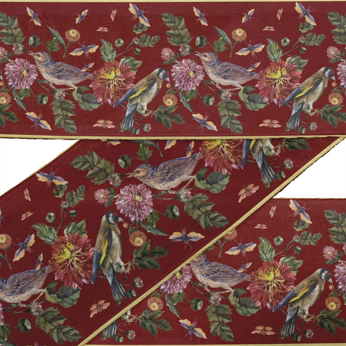 Red Bird & Dahlia Floral Printed Velvet Trim Fabric - 9 Yards x 3 Inches Wide Sewing Border Ribbon for DIY Crafts, Home Decor, and Clothing Embellishment