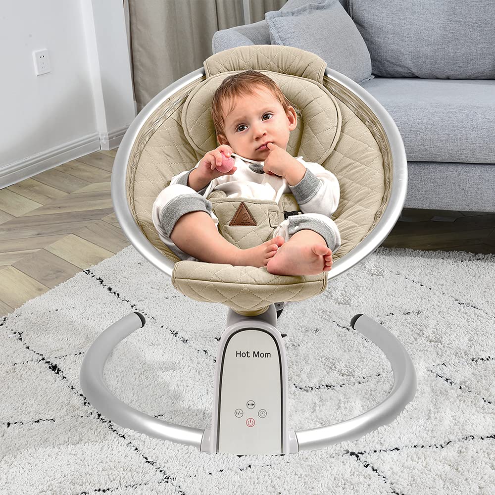 Premium Cotton Electric Baby Bouncer with Bluetooth & Music Speaker - Auto Rocking Infant Swing with LED Touch Screen & Smart Timer - Comfortable Baby Chair for Newborns (Sand) - Perfect for Nursery, Daycare & Soothing Fussy Babies