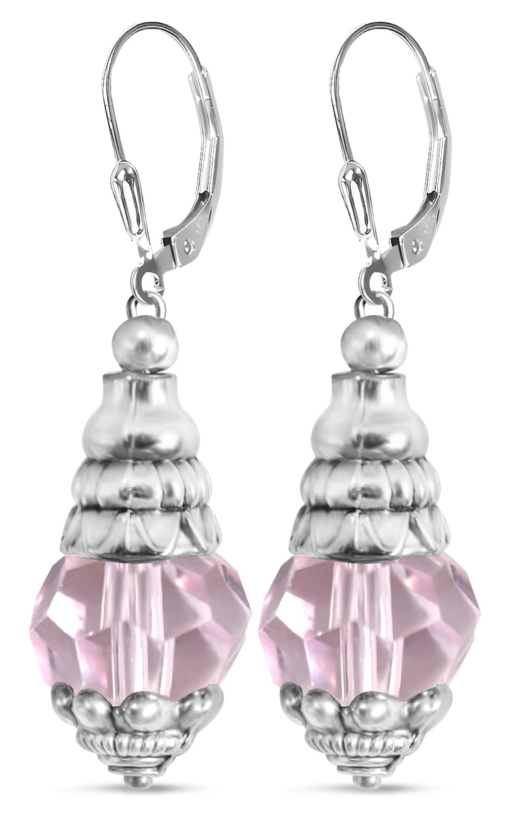 Rose Quartz Drop Earrings for Women - Vintage Silver Multi-Cut Pink Gemstone Dangle Earrings, Waterdrop Beaded Jewelry Gift (A01_Pink) | Perfect for Weddings, Date Nights & Special Occasions