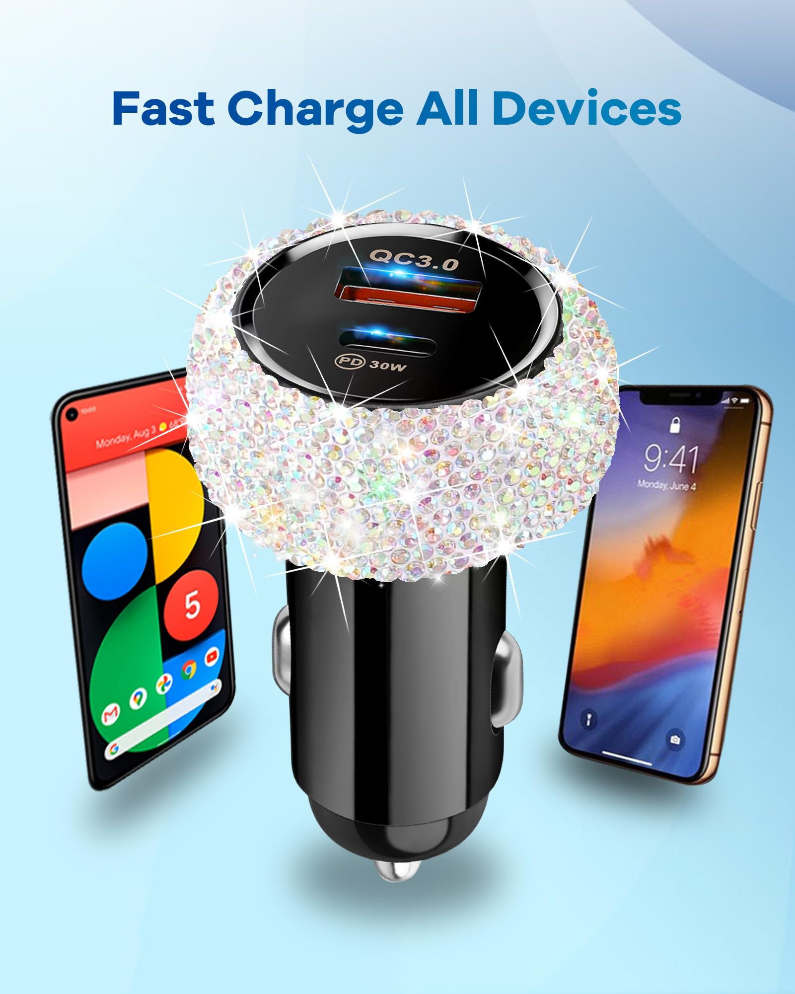 48W PD QC Fast Car Charger with USB-C Cable - Dual Port USB C Car Adapter for iPhone 16/15 Pro Max, iPad, Samsung Galaxy & Android Phones - Multi-Color Bling Design (Perfect for Road Trips & Daily Commute)