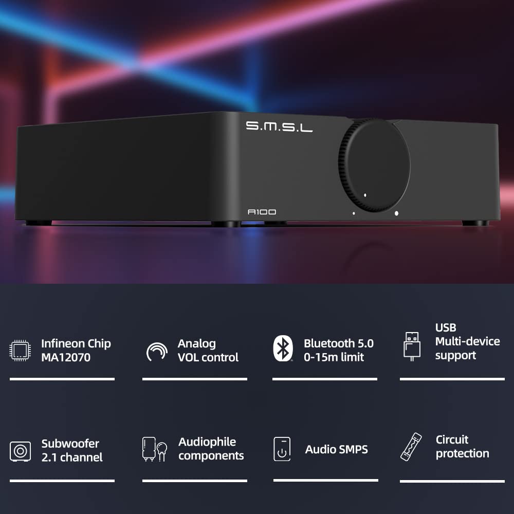 S.M.S.L A100 Bluetooth 5.0 Stereo Audio Mini Class D Amplifier with MA12070 Chip - 2 Channel Home Audio Receiver for Desktop Speakers (80Wx2) - Perfect for Home Theater, Gaming & Music Listening