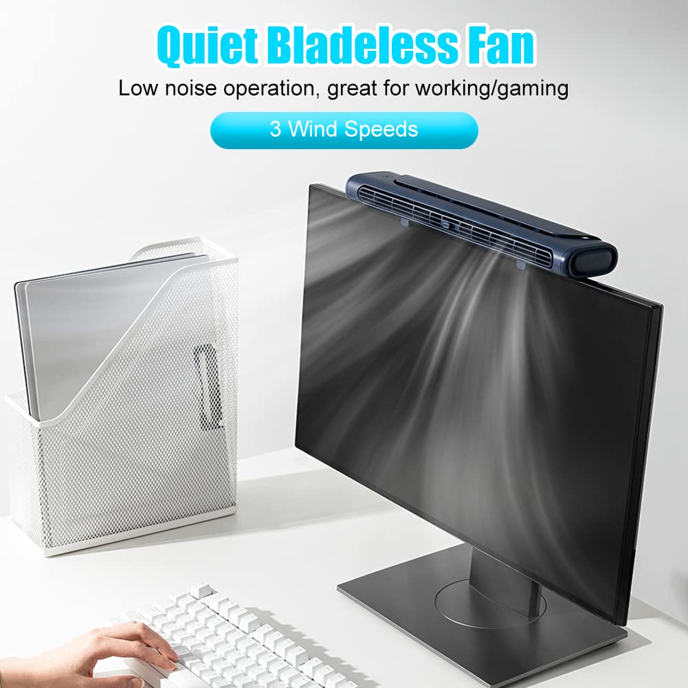Clip On Computer Fan - Bladeless USB Desk Fan for Monitor & Laptop, Quiet Personal Cooling Fan for Office & Home Use, Compact Tower Fan for Flat/Curved Screens (Perfect for Workstations, Gaming Setups & Hot Summer Days)