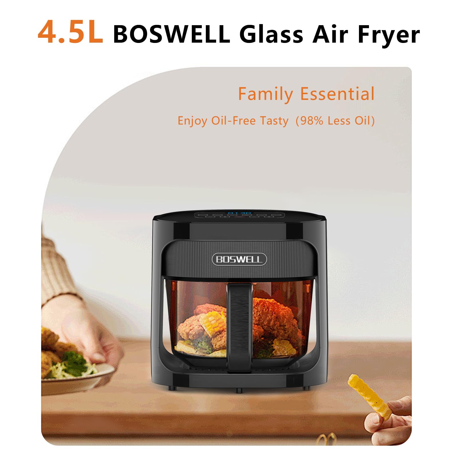 BOSWELL 4.5QT Glass Air Fryer with Transparent Bowl - Non-Toxic, Large Capacity, Circulating Heating & Temperature Control - Dishwasher Safe (Black) - Perfect for Healthy Cooking, Roasting, Baking & Frying at Home