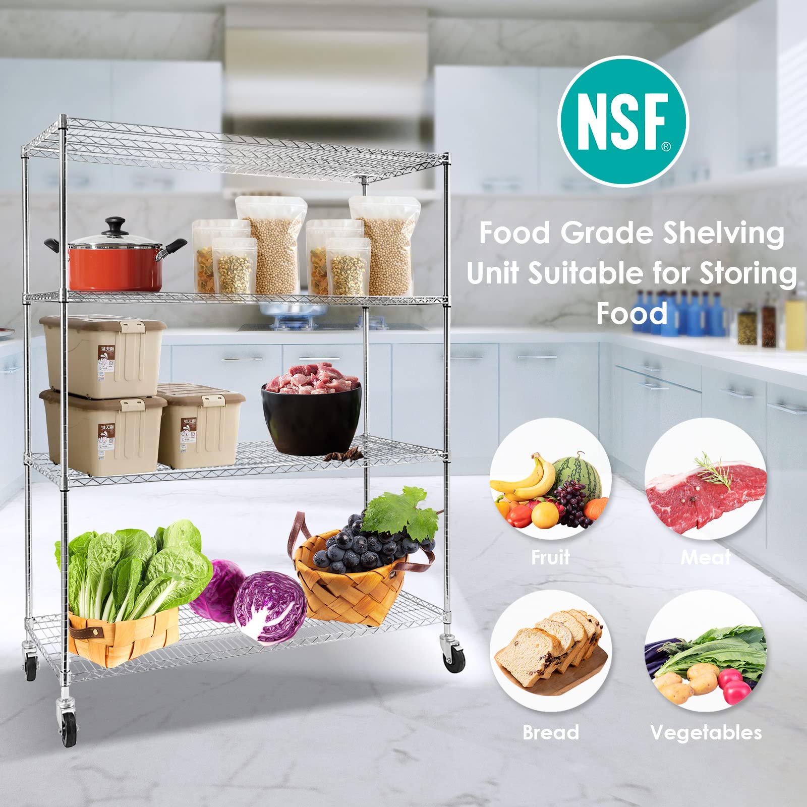 Heavy Duty 4-Tier Metal Wire Shelving with Wheels - NSF Commercial Grade Chrome Storage Rack (59
