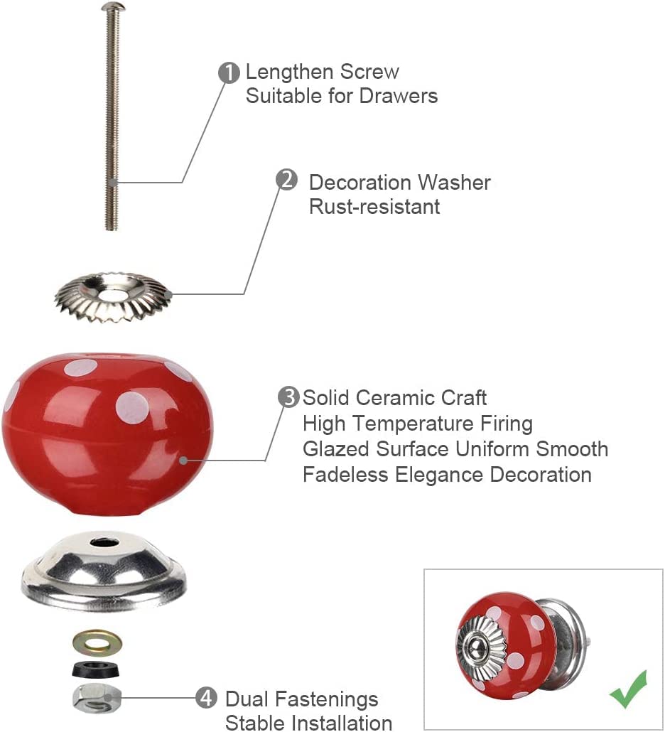 Ceramic Drawer Knobs 4pcs - Red Round Pull Handles for Cabinet & Wardrobe - Home Decor Upgrade