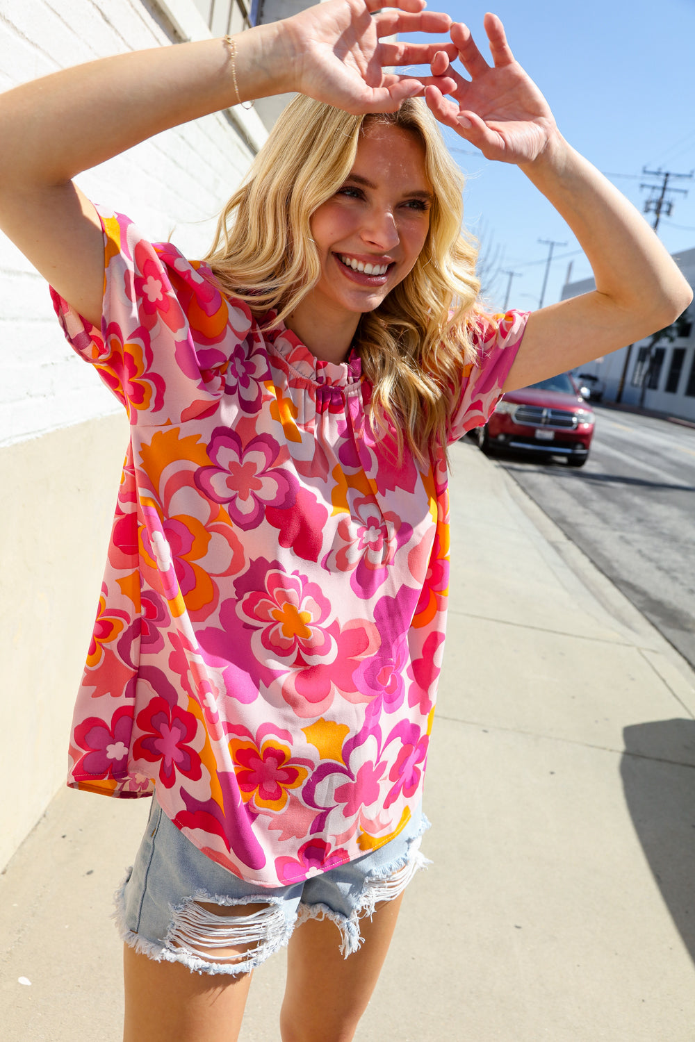 Perfectly You Fuchsia Big Floral Frill Neck Back Button Blouse - Women's Elegant Vintage Style Top for Parties, Dates & Office Wear