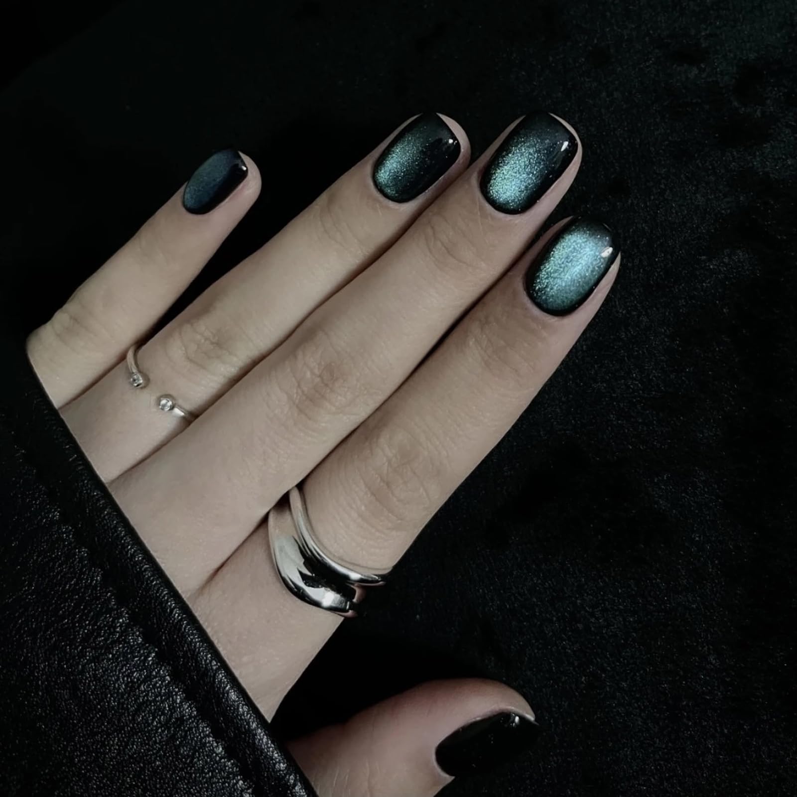 MISUD Short Square Press on Fake Nails - 24pcs Glossy Glue on Chrome Cat Eye Acrylic Nails with Green Starry Sky Design for Women, Perfect for Parties, Weddings & Special Occasions