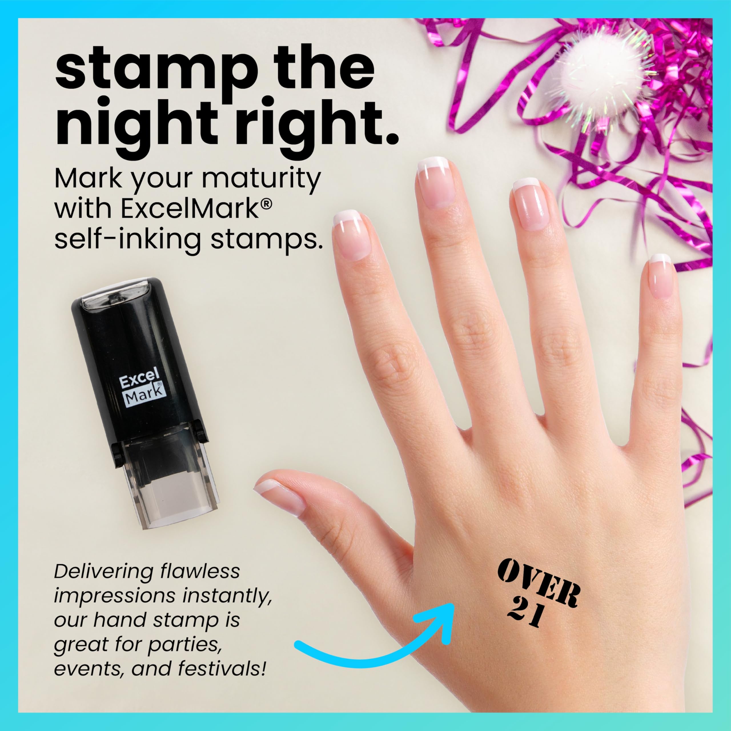 ExcelMark Over 21 Hand Stamp with Black Ink - ID Verification Tool for Age-Restricted Purchases, Bars, and Clubs