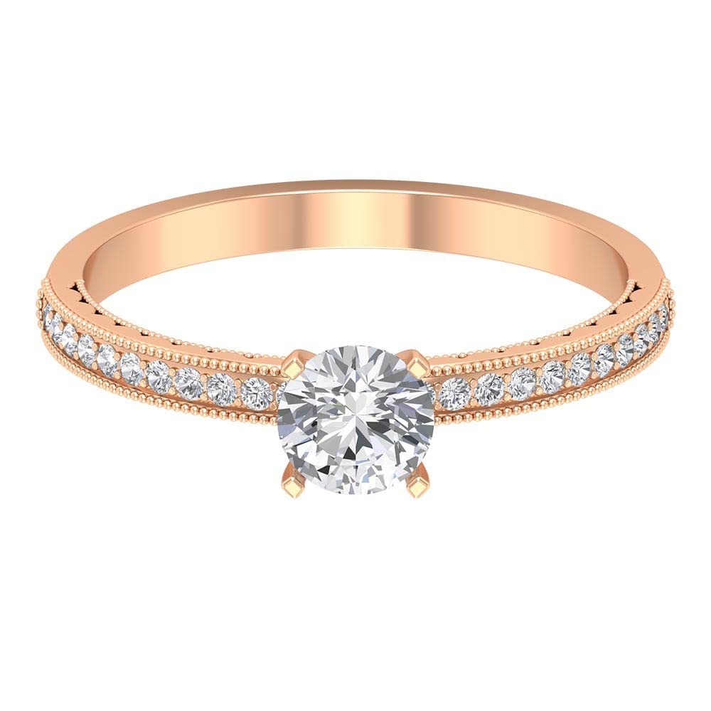 3/4 CT Certified Moissanite Engagement Ring for Women - 5mm Solitaire 14K Solid Gold Milgrain Band - Perfect for Proposals, Anniversaries & Bridal Jewelry