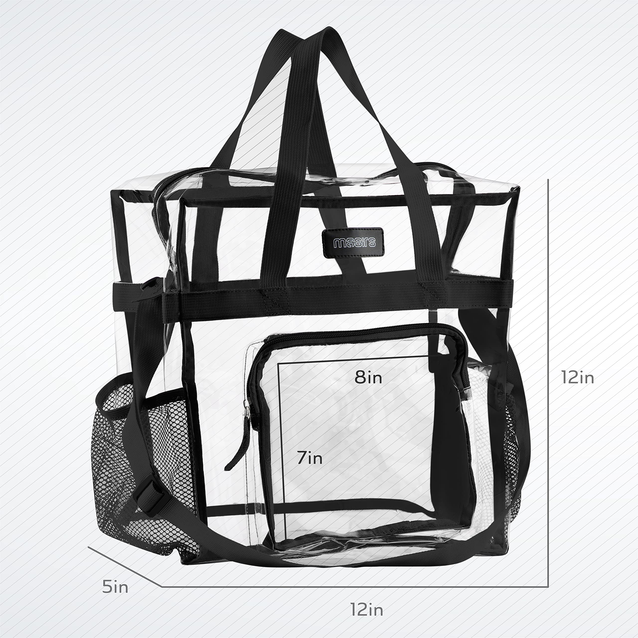 Masirs Clear Tote Bag - Stadium Approved Transparent Purse with Mesh Pockets & Adjustable Shoulder Straps | Perfect for Work, Games, Concerts, Beach, Travel & School Events