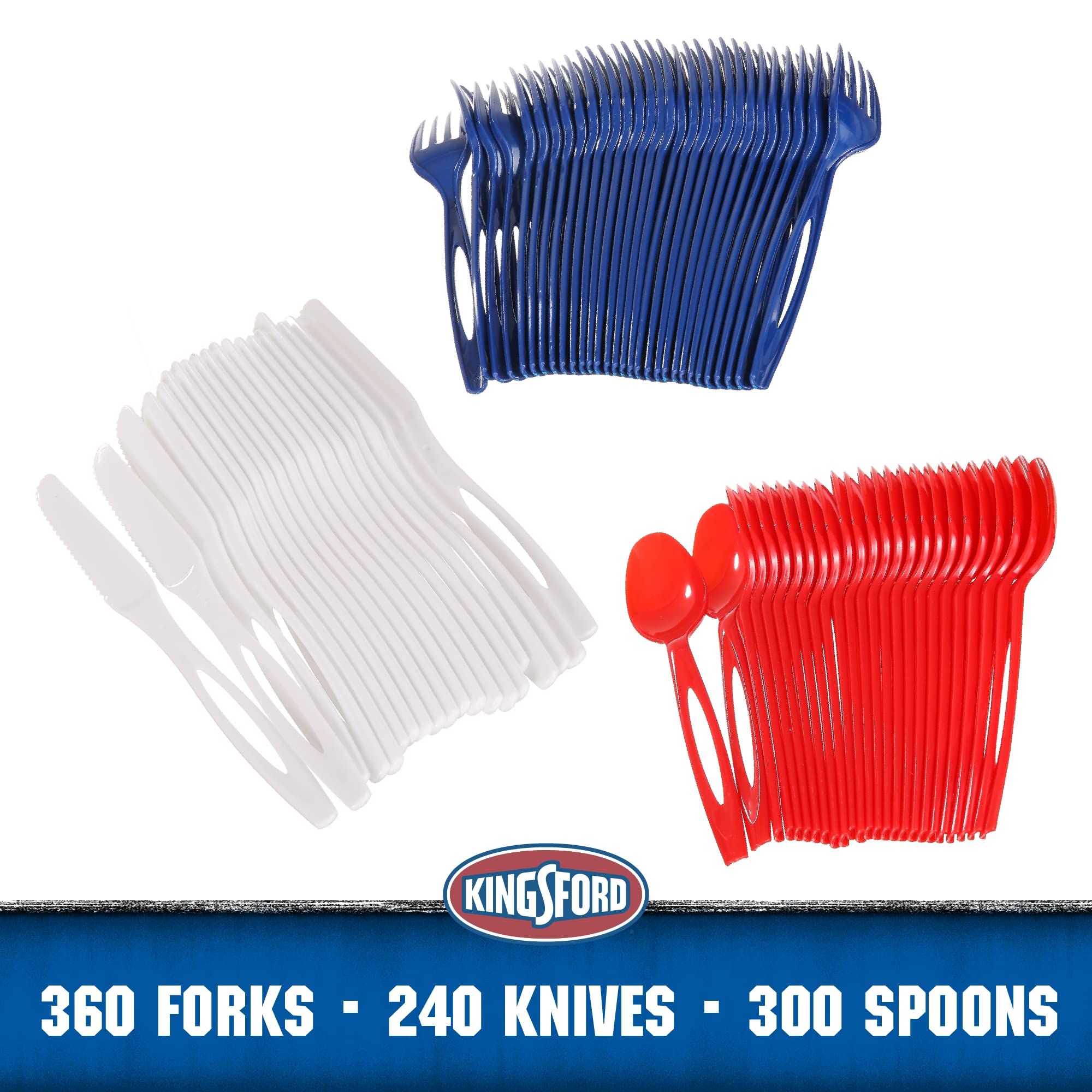 Kingsford Full Size Disposable Plastic Cutlery Set - 360 Forks, 240 Knives, 300 Spoons (12,900 Count) - Red, White & Blue for Parties, Picnics, BBQs & Events