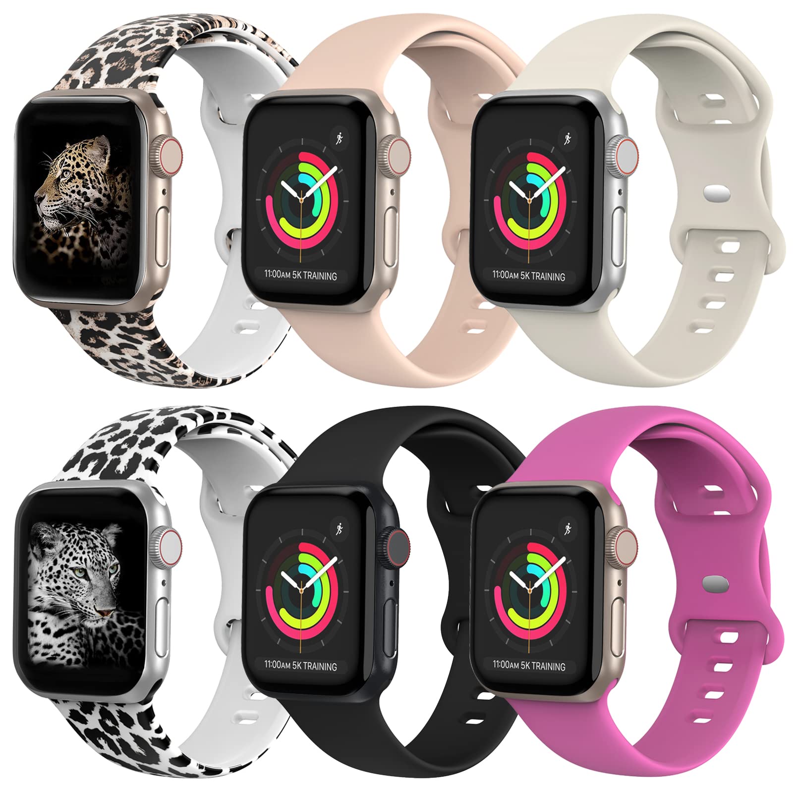 FRDERN 6 Pack Apple Watch Band - Soft Silicone Sport Strap Replacement for Apple Watch Series 7/6/5/4/3/2/1/SE (45mm 44mm 42mm 41mm 40mm 38mm) - Comfortable Wristband for Women & Men - Perfect for Workouts, Running & Daily Wear