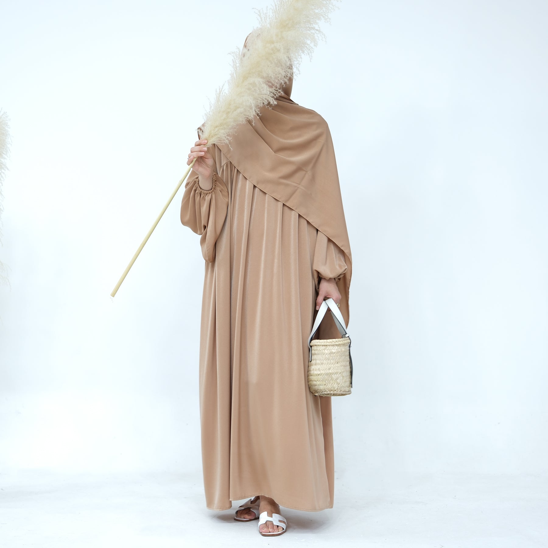 Amelia Satin Abaya Set in Camel Color - Modest Muslim Prayer Dress for Women | Perfect for Eid, Ramadan & Special Occasions