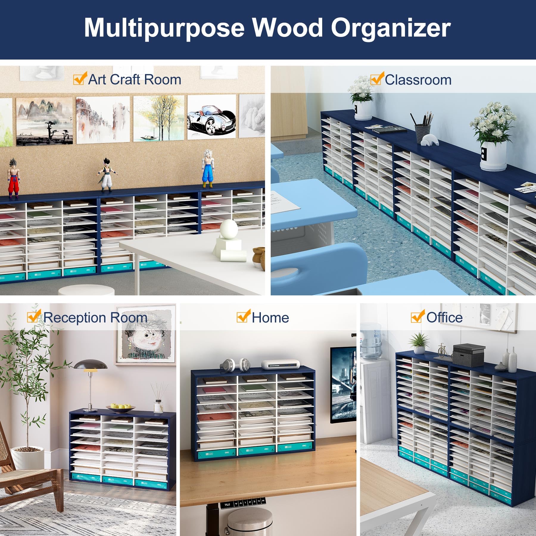 TQVAI 27-Slot Wooden Mail Sorter Organizer for Home & Office - Navy Blue/White Desktop File Holder, Paper Tray, Classroom Mailbox - Perfect for Office Organization, Teacher Supplies, and Home Mail Management