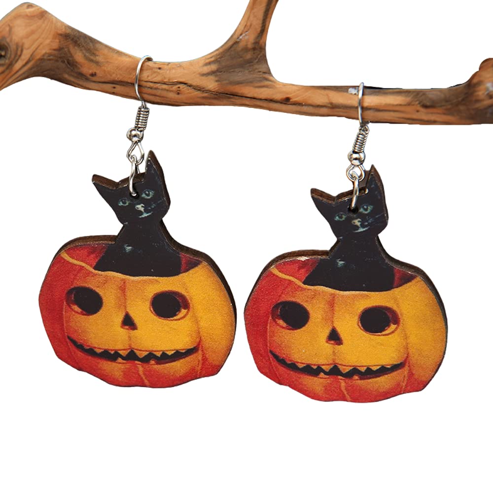 Handmade Wooden Pumpkin & Black Cat Drop Dangle Earrings for Women - Halloween Party Jewelry Costume Accessories - Perfect for Halloween Costumes, Trick or Treat, and Spooky Themed Parties