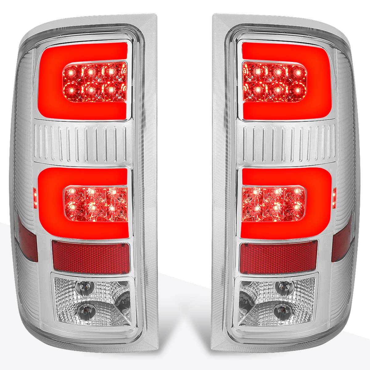 PM PERFORMOTOR 3D LED C-Shape Tail Lights Brake Lamp Assembly - Compatible with 2007-2014 GMC Sierra (Chrome Housing/Clear Lens) - Enhanced Visibility & Style for Night Driving & Custom Truck Upgrades
