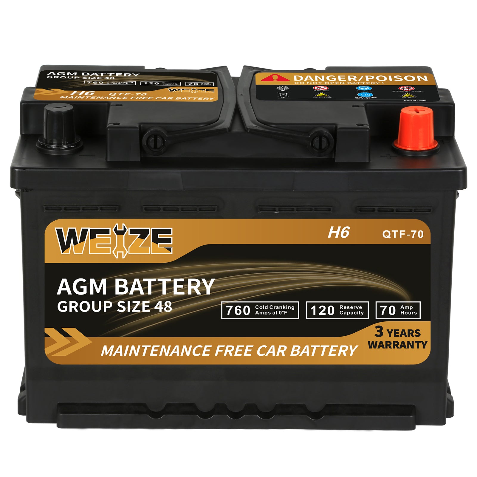 WEIZE Wise Series Group 48 AGM Car Battery 12V 70Ah H6 - High Performance Automotive Replacement Battery for Cars, SUVs & Trucks - Ideal for Cold Weather & Long-Lasting Power