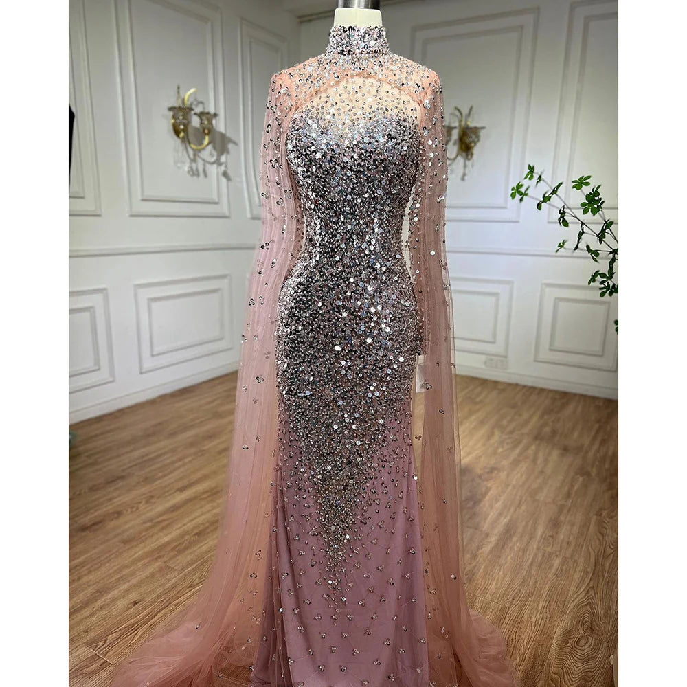 Serene Hill Luxury Muslim Gold Mermaid Evening Dress with Elegant Cape Sleeves & Beaded Details - Dubai Style Formal Gown for Women 2025 | Perfect for Weddings, Galas & Special Occasions