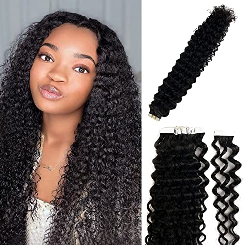 Natural Curly Tape in Hair Extensions 24Inch 20PCS - Double Sided Tape Human Hair Weft for Black Women - 50G/Set Seamless Skin Weft (2 Packs, 40 Pieces Total) - Perfect for Daily Styling, Parties & Special Occasions