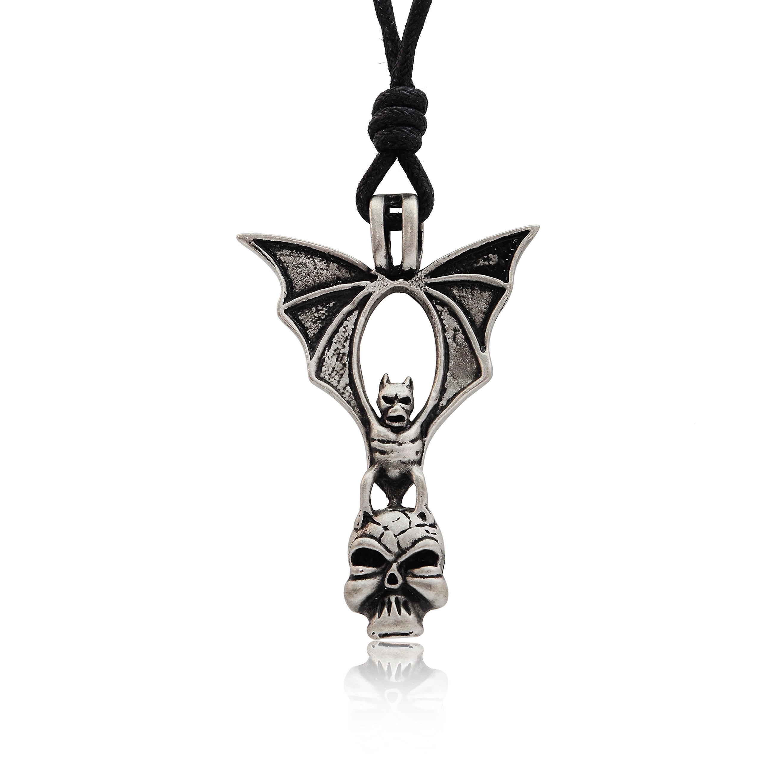Bat Demon Skull Silver Pewter Charm Necklace Pendant - Gothic Jewelry for Men & Women - Perfect for Halloween, Cosplay, and Dark Fashion Accessories
