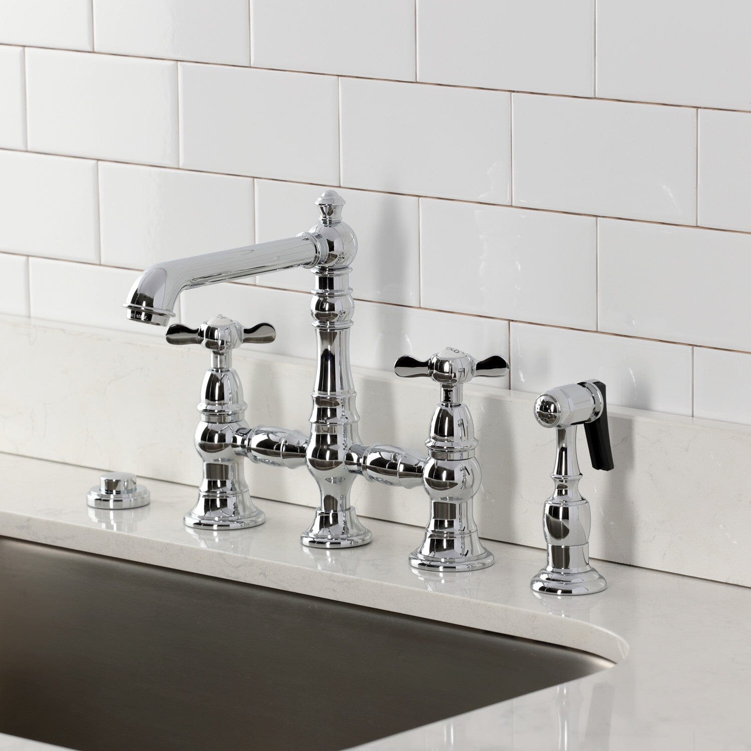 Essex Two Handle 4 Hole Deck Mount Bridge Kitchen Faucet with Brass Side Sprayer - Premium Brass Finish for Modern Kitchens | Perfect for Washing Dishes, Filling Pots & Cleaning Countertops