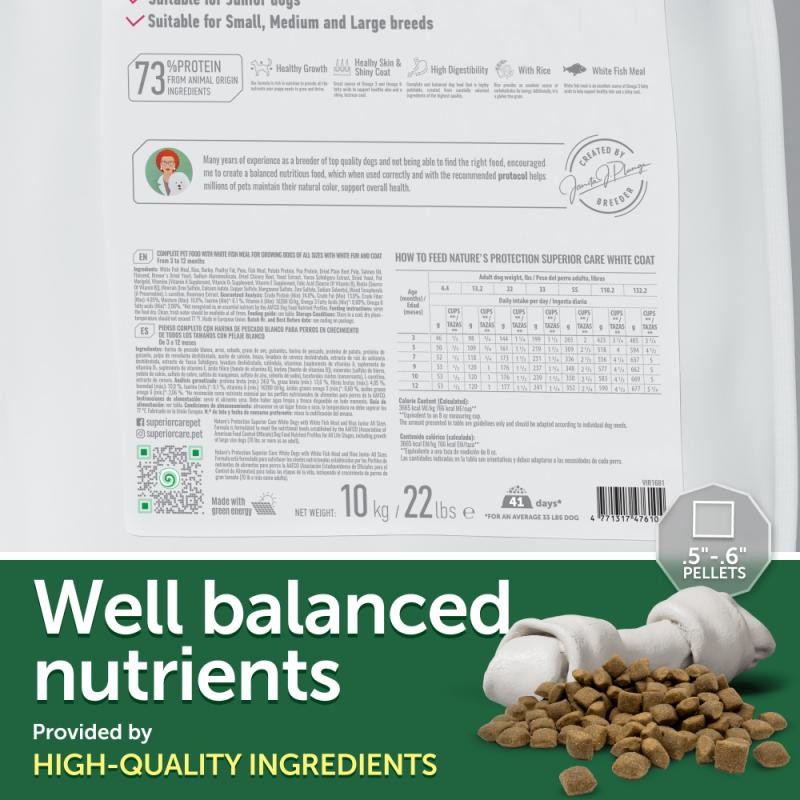 Premium Light Coat Junior Dog Food with White Fish & Rice - All Breeds Small & Medium Puppy Dry Kibble for Healthy Skin & Shiny Coat - Perfect for Sensitive Stomach & Daily Nutrition