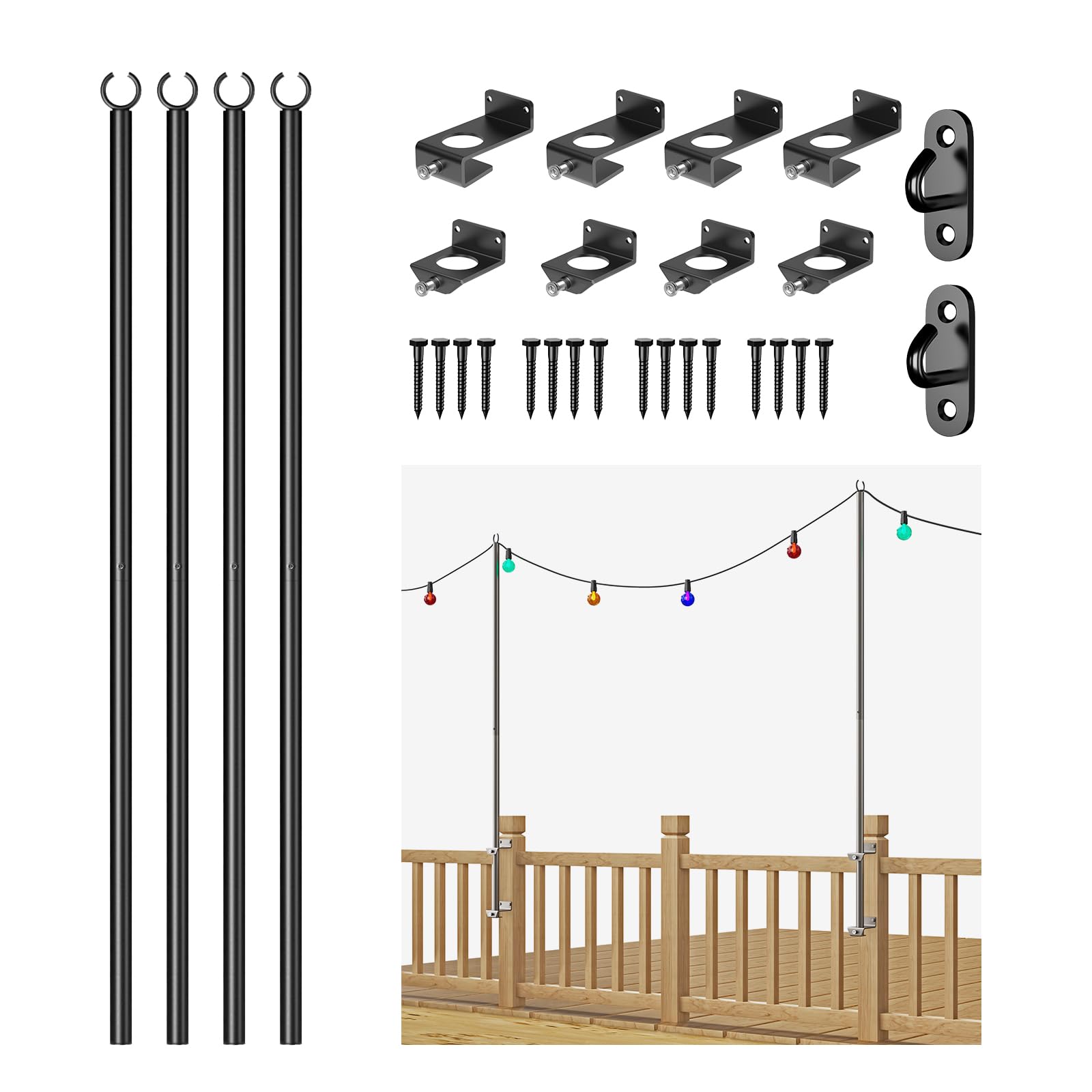 6.5FT Stainless Steel String Light Pole Brackets - 4 Pack with 2 Wall Hooks - Black Deck Railing Hangers for Outdoor Patio, Garden & Backyard Lighting Decor