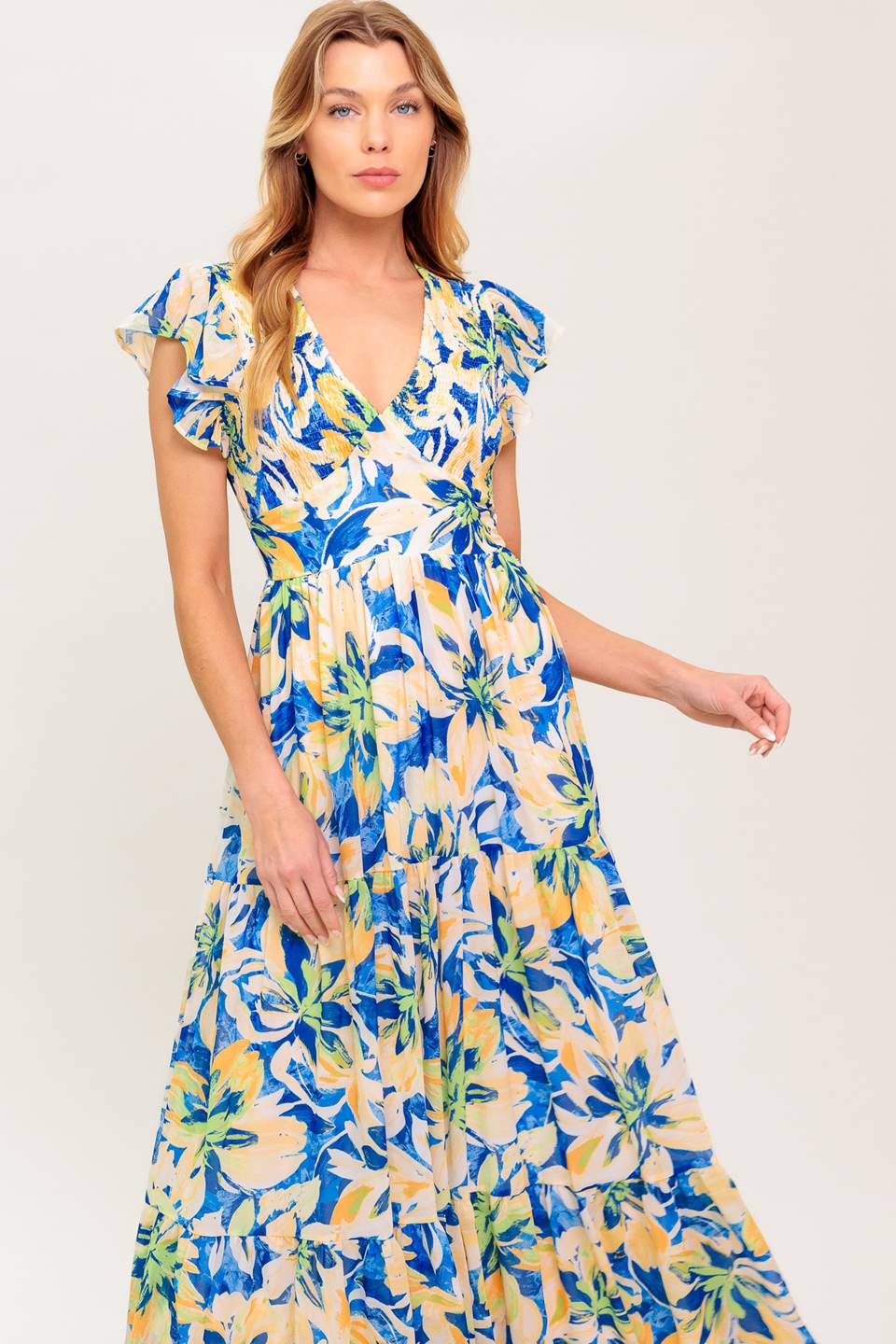BRIDGEPORT Blue Floral Maxi Dress for Women - Summer Boho Beach Dress with Long Sleeves - Perfect for Vacation, Party & Casual Wear