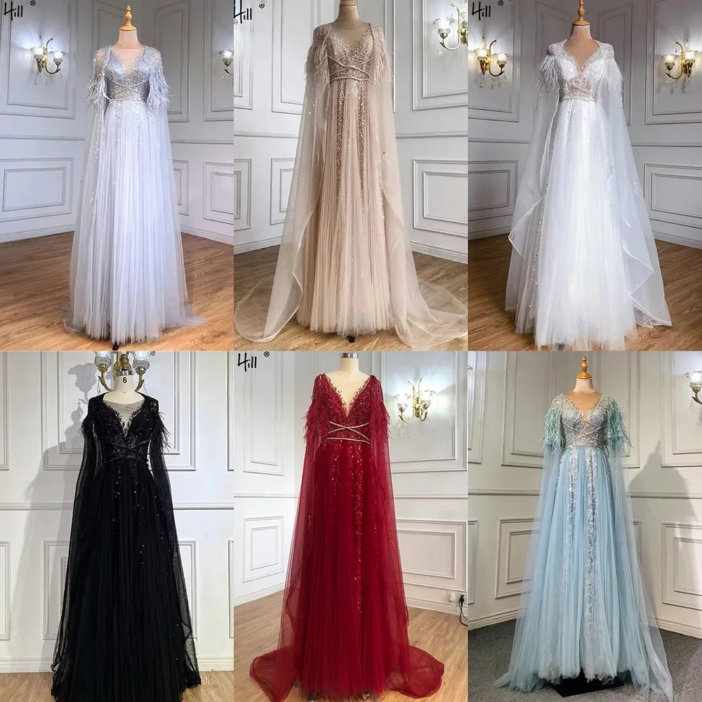 Luxury Dubai Grey Evening Formal Dress with Feather Cape Shawl - Gold Arabic Women's Wedding Party Gown LA70640 | Elegant Long Gown for Special Occasions, Galas & Red Carpet Events