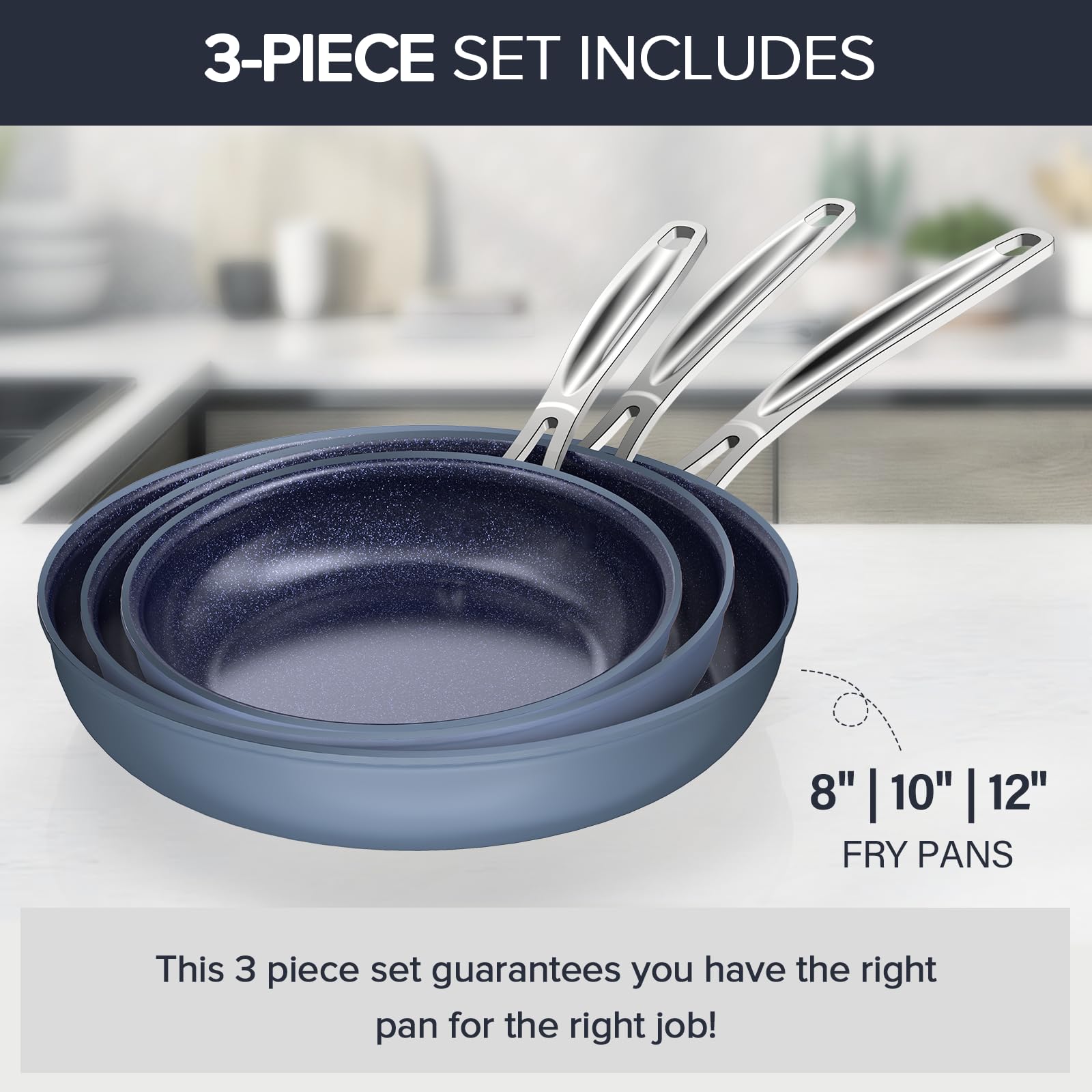Nuwave 3-Piece Forged Lightweight Frying Pan Set (8”, 10”, 12”) - G10 Healthy Duralon Blue Ceramic Ultra Non-Stick Coating, Stay-Cool Ergonomic Handles, Induction & All Cooktop Compatible - Perfect for Sautéing, Frying, and Everyday Cooking