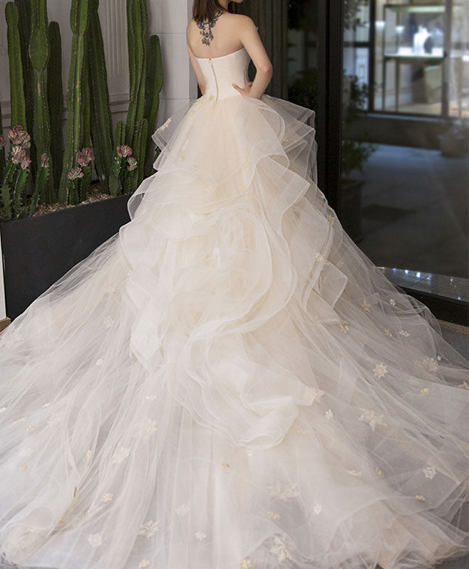 Elegant Light Champagne Tulle Long Wedding Dress | A-Line Bridal Gown with Train | Perfect for Beach, Church & Formal Weddings