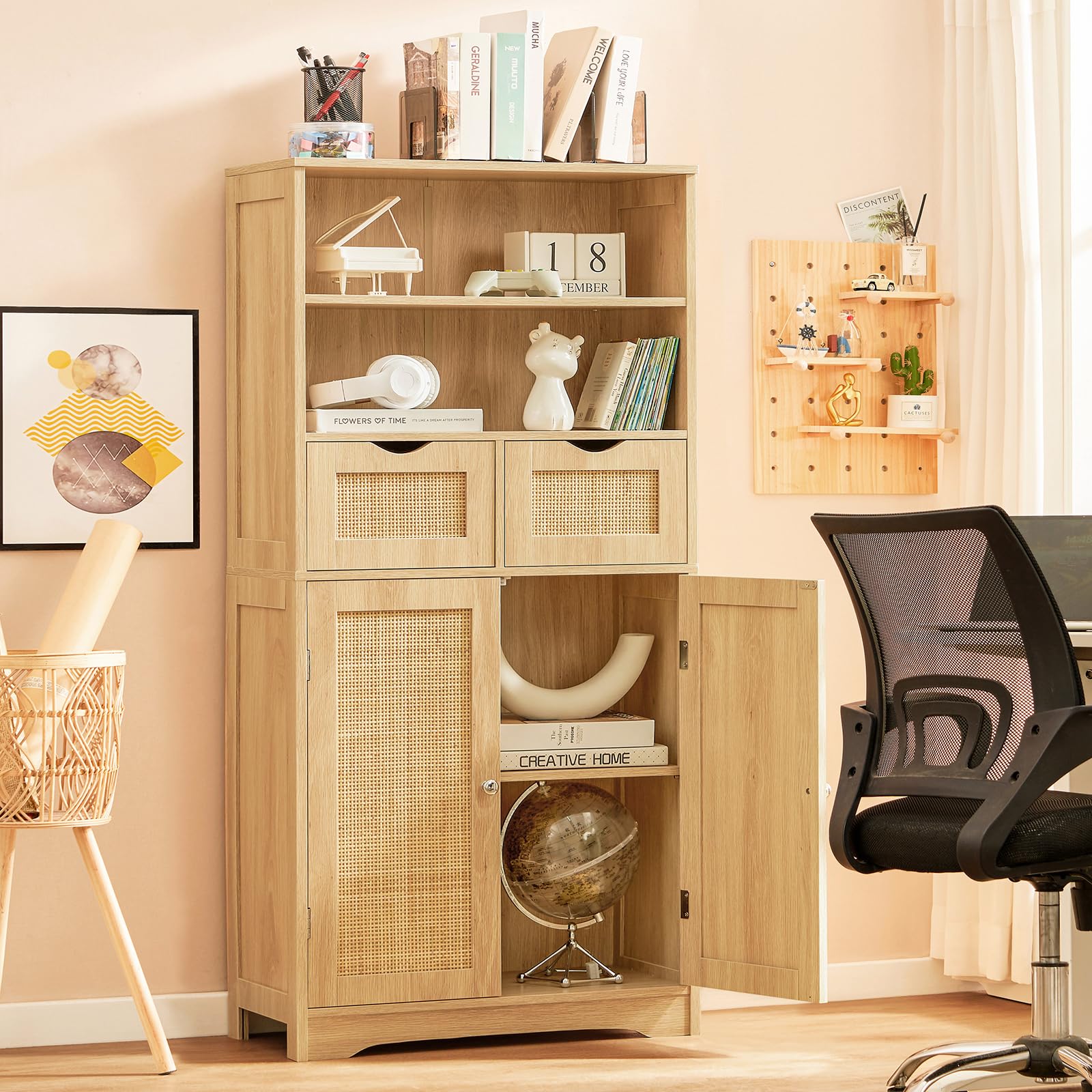 Iwell Tall Rattan Storage Cabinet with 2 Drawers & Adjustable Shelf - Kitchen Pantry Organizer, Entryway Storage for Living Room, Dining Room & Home Office - Natural Finish for Farmhouse & Modern Decor