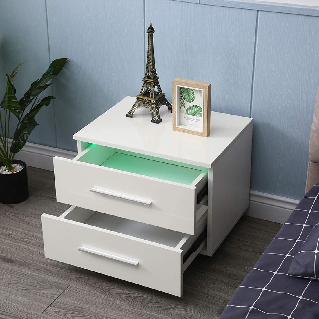 DNYSYSJ LED Nightstand with 2 Drawers - Glossy White for Bedroom & Living Room
