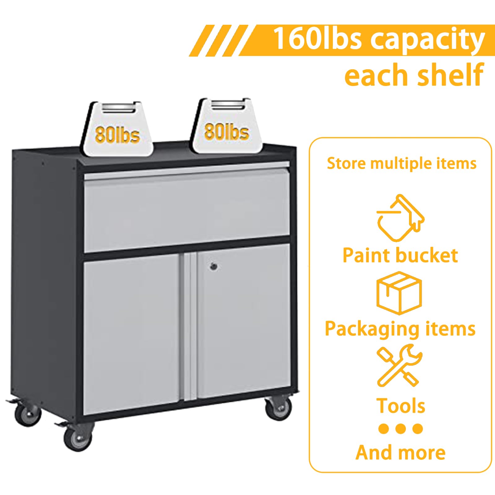 Heavy-Duty Metal Storage Cabinet with Wheels - Steel Rolling Tool Cabinet with 1 Drawer & 2 Doors - Garage, Home Office, Workshop & Garden Utility Organizer (Black/Gray) - Perfect for Tools, Equipment & Supplies Storage