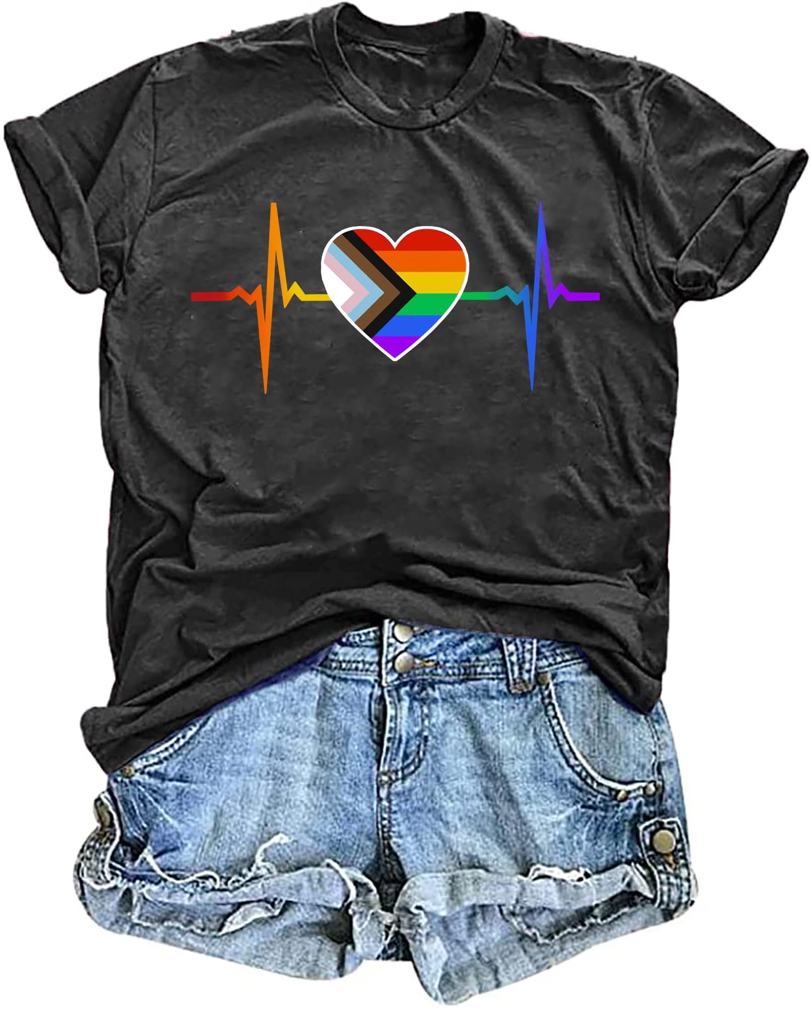 Women's Pride T-Shirt - Rainbow Heart Graphic Tee - LGBT Casual Short Sleeve Top for LGBTQ+ Events, Pride Parades & Everyday Wear