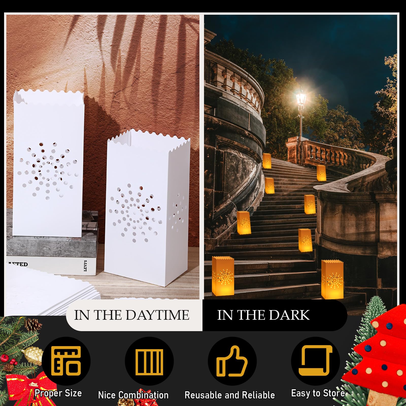 50 Pcs Waterproof White Plastic Luminary Bags - Reusable Candle Lantern Bags for Christmas, Birthday, Wedding & Thanksgiving Party Decor (Sunburst Design) - Perfect for Indoor/Outdoor Holiday Lighting & Special Event Ambiance