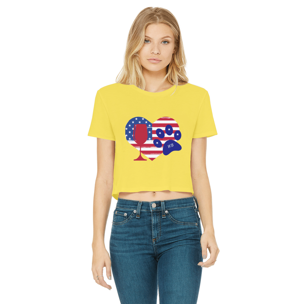 WineyBitches.Co Women's Cropped Raw Edge T-Shirt with Heart Paw Print - American Wine Lover Tee for Casual Outfits, Girls Night Out & Wine Tasting Events