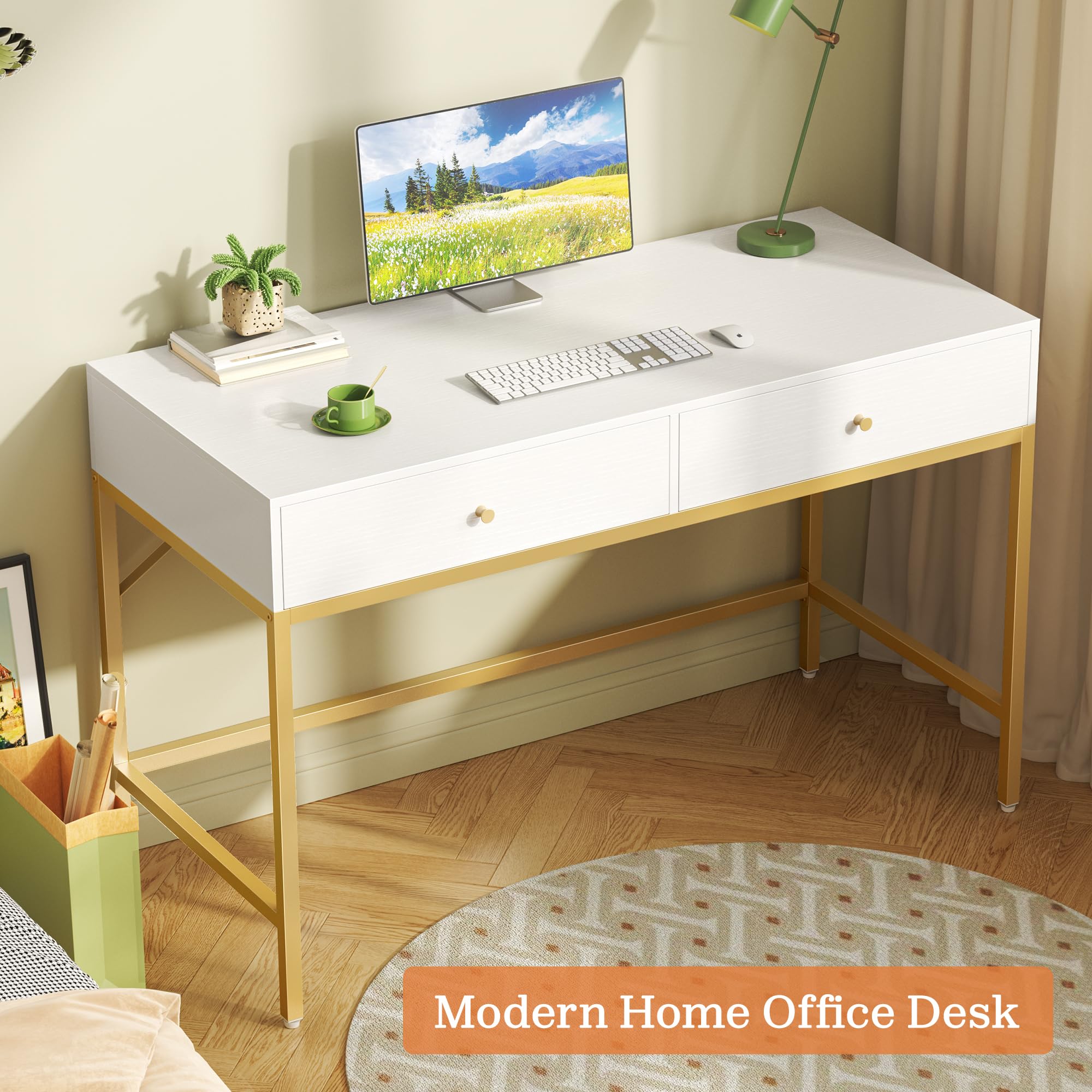 SUPERJARE 47 inch Vanity Desk with Drawers - Modern White & Gold Computer Desk for Home Office, Makeup Dressing Table | Perfect for Bedroom, Small Spaces & Work from Home Setup