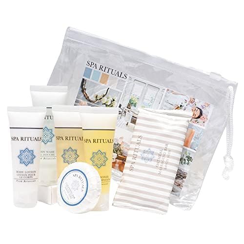 Mini Travel Size Spa Rituals Toiletries Kit - Shampoo, Conditioner, Body Wash, Lotion, Cleansing Bar & Massage Bar | Fresh Botanicals Collection | Perfect for Vacation, Gym & Hotel Stays