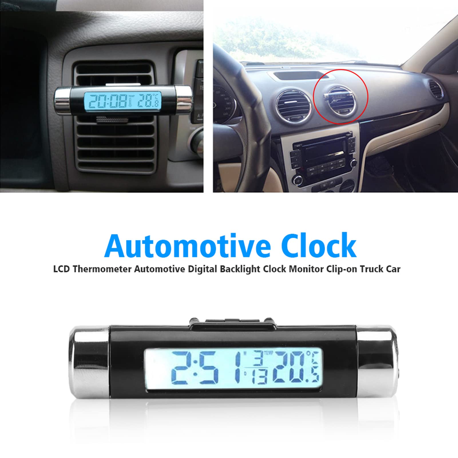 Digital Car Clock with Thermometer - LCD Dashboard & Vent Clip Clock with Blue Backlight & Night Display - Perfect for Road Trips, Commuting & Temperature Monitoring