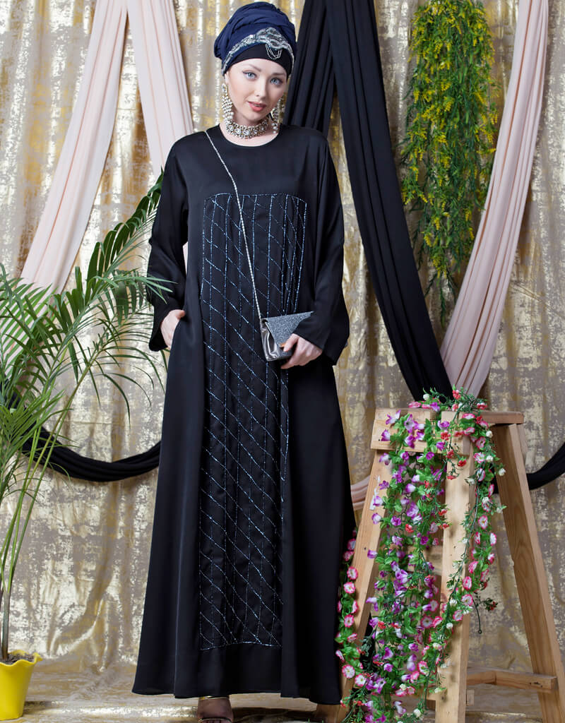 Elegant Black Arabic Diamond Motif Hand Embroidered Flare Nida Abaya - Perfect for Eid, Ramadan, Wedding & Special Occasions