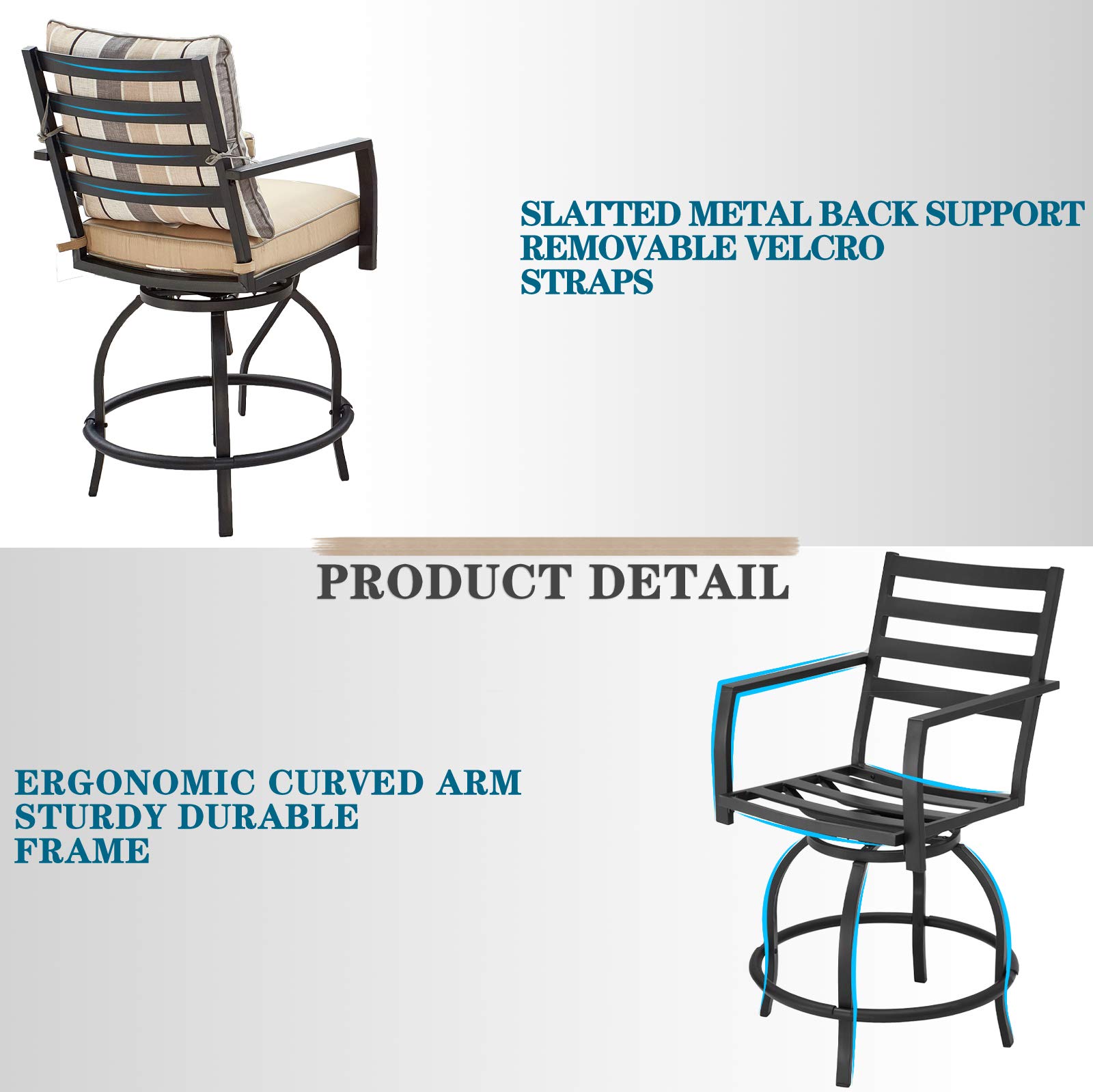 360° Swivel Patio Dining Set with Cushions - 3-Piece All-Weather Metal Bar Height Stools & Bistro Table for Outdoor, Garden, Deck, Poolside (Beige) - Perfect for BBQs, Parties & Relaxing in Your Backyard