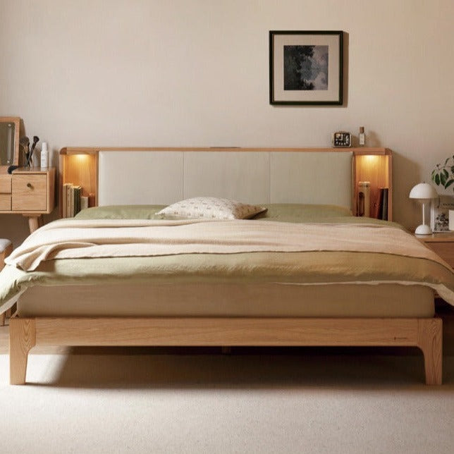 Solid Oak Wood Leather & Fabric Luminous Bed with Shelf - Modern Platform Bed Frame with Storage for Bedroom, Guest Room, or Dorm