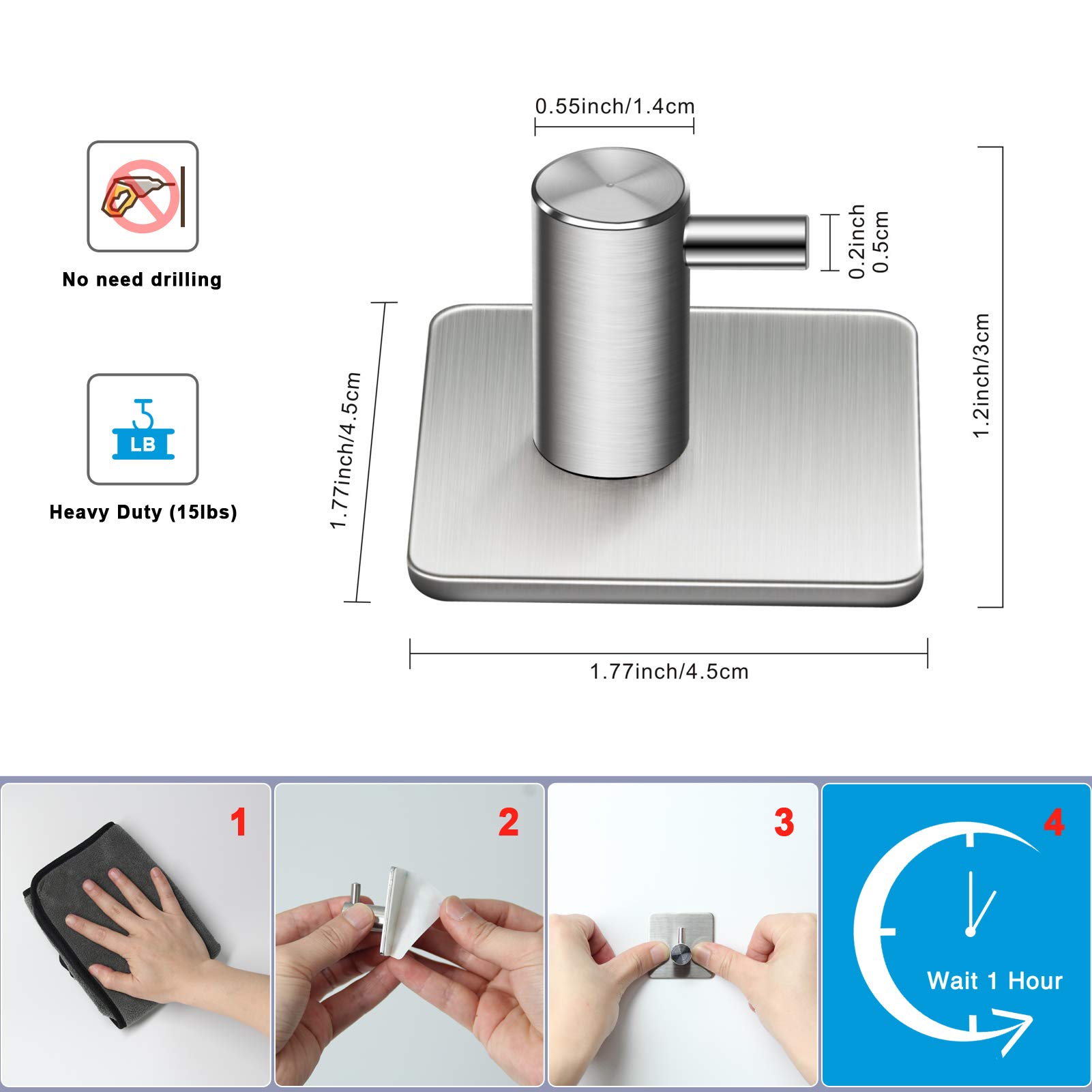 Stainless Steel Heavy Duty Adhesive Hooks - 4 Pack Wall Hooks for Bathroom, Kitchen & Bedroom - Perfect for Hanging Towels, Coats, Hats & More - Strong Hold No Drill Hooks for Doors, Walls & Tiles