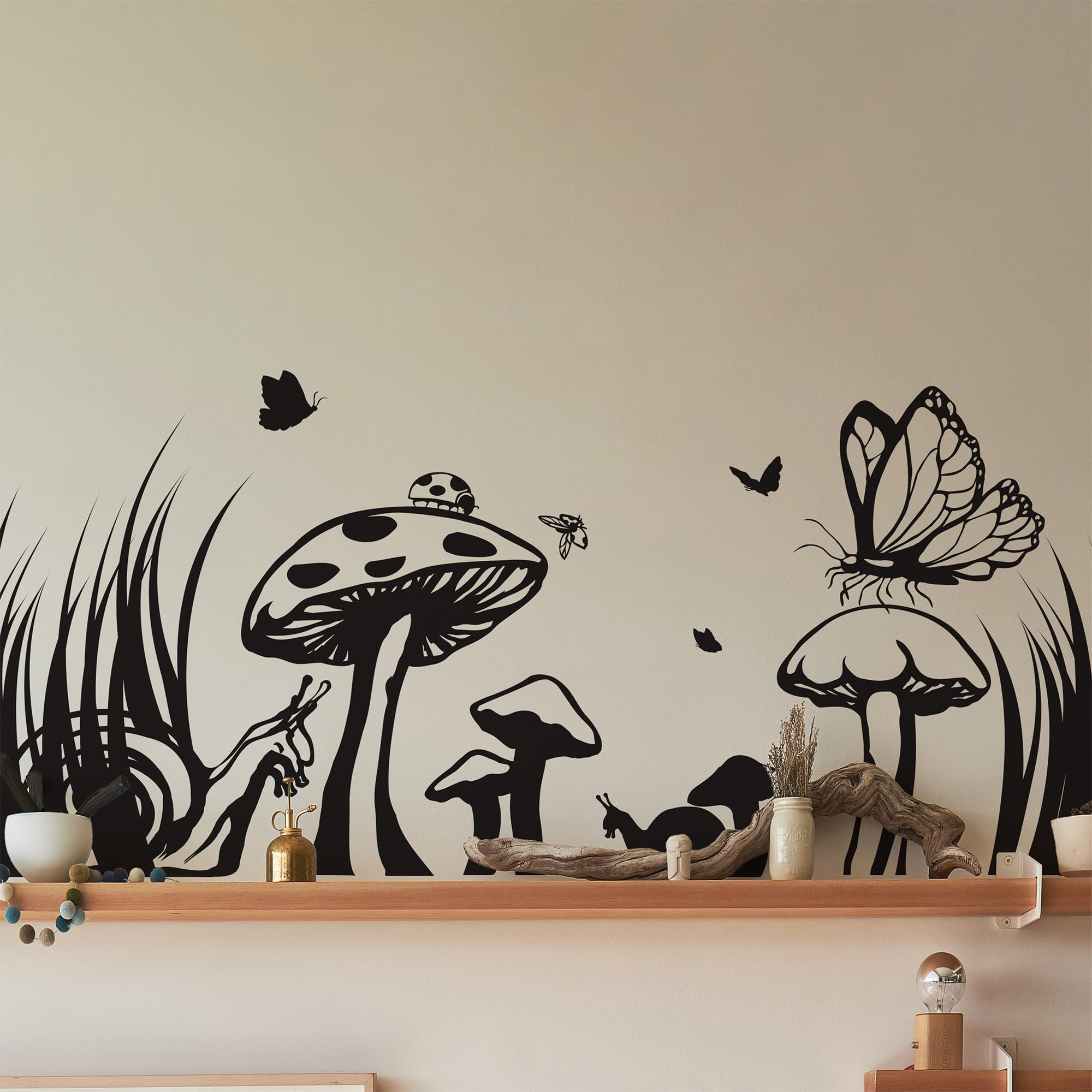Field of Mushroom Wall Decal Sticker with Snails & Butterflies - Nature Inspired Bedroom Home Decor for Kids Room & Nursery | Peel and Stick Wall Art