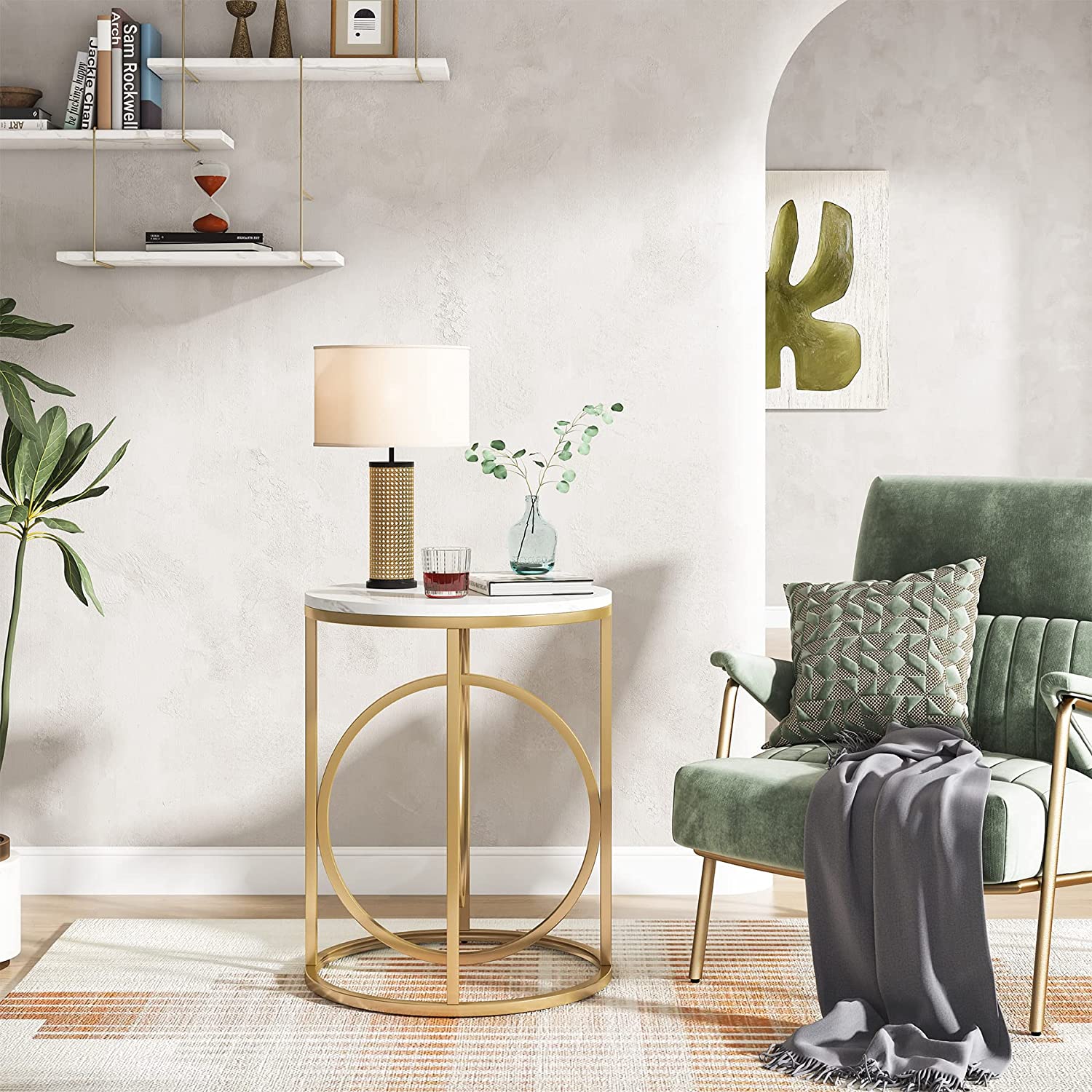 Modern Round End Table with Faux Marble Top - Stylish Sofa Side Table for Living Room, Bedroom & Office Decor