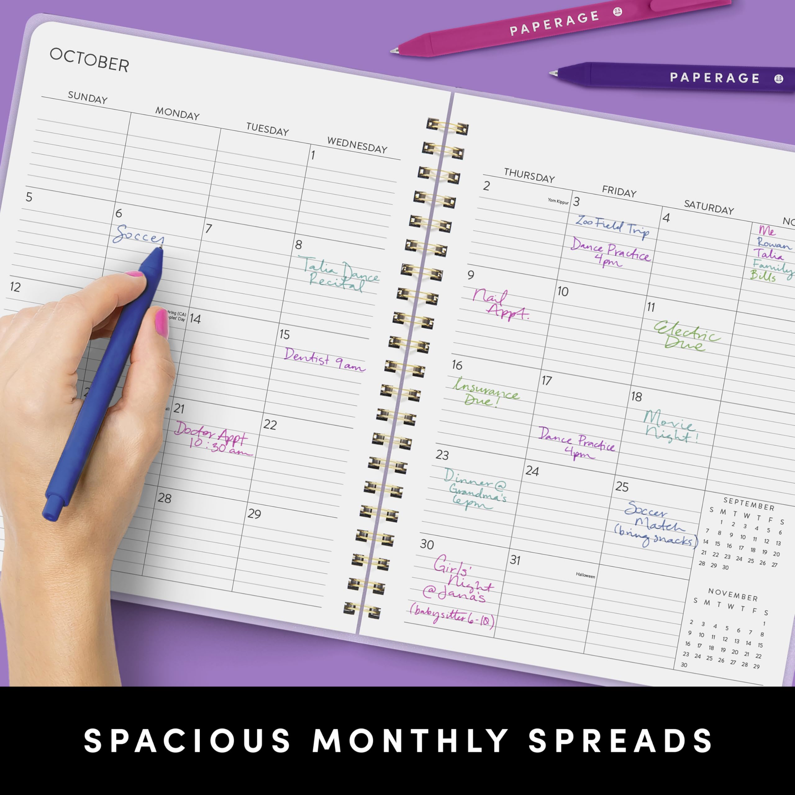 PAPERAGE 2 Year Spiral Bound Planner 2025-2026 (Black) | 24 Month Academic Planner Jan 2025-Dec 2026 | 8.5