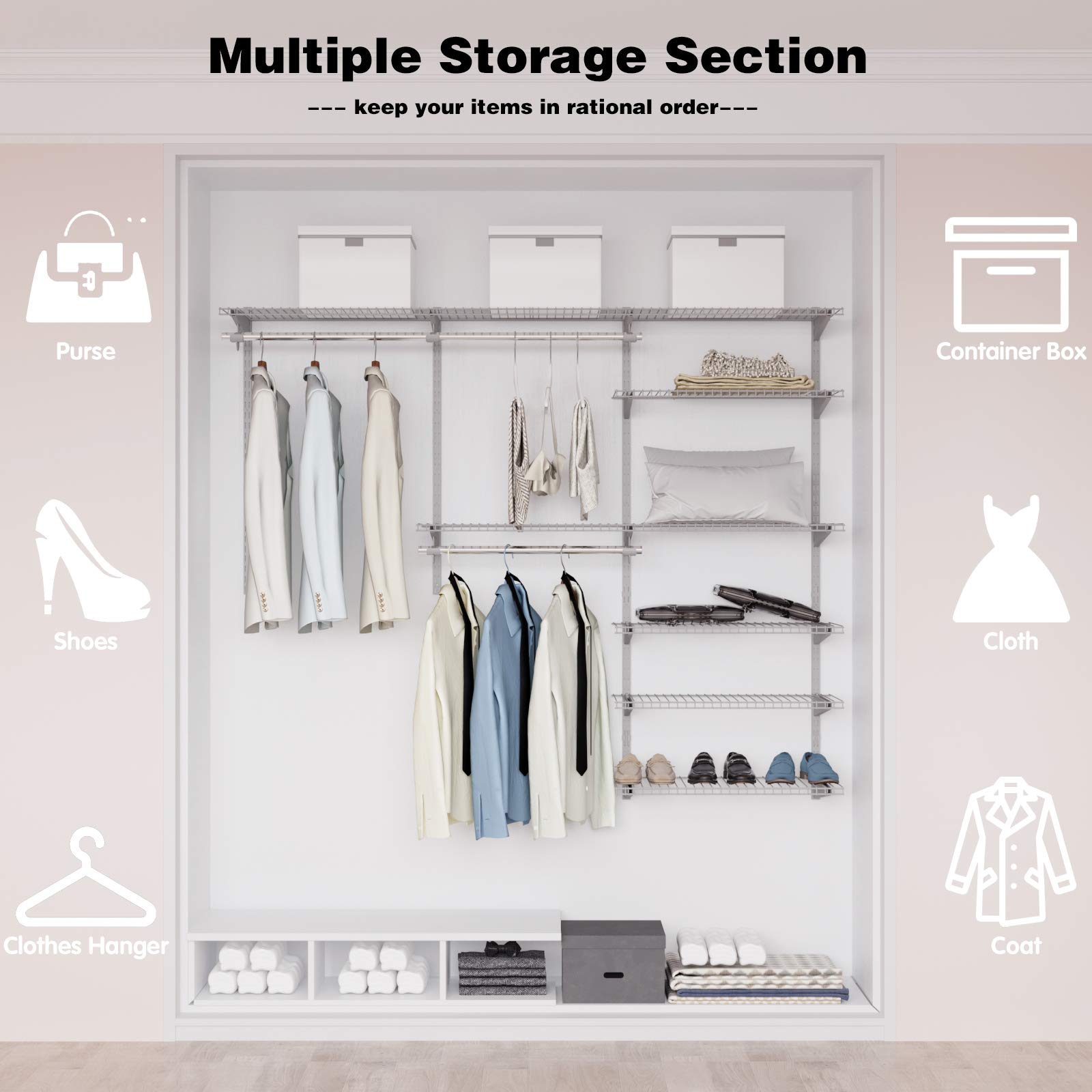 Tangkula 4-6 FT Adjustable Closet Organizer System Kit - Wall Mounted Storage with Wire Shelves & Hanging Rods - Custom Closet Solutions for Bedroom, Walk-in Closet & Small Space Organization