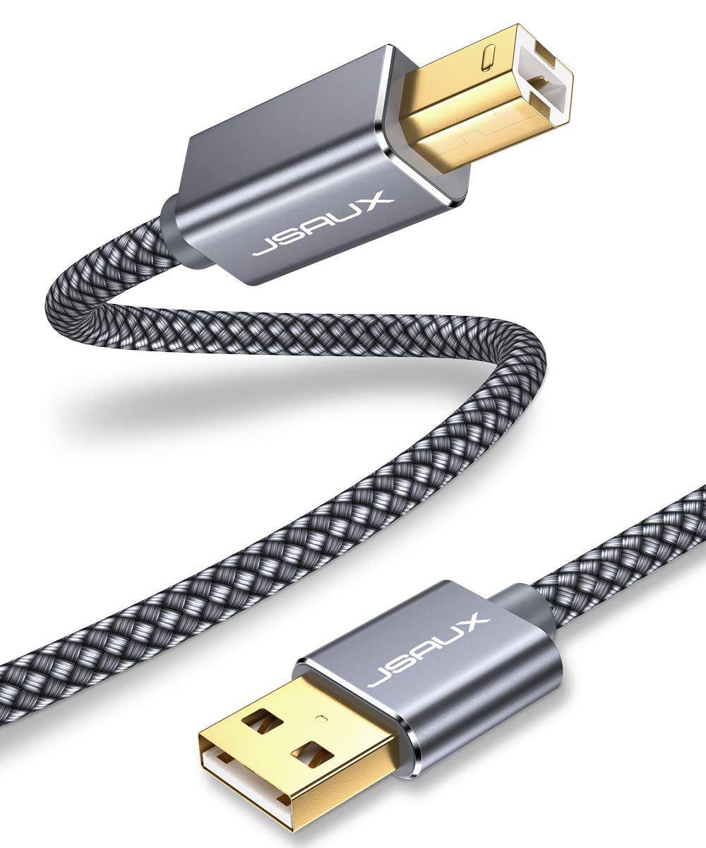 JSAUX 10FT USB 2.0 Printer Cable - Type A Male to B Male High Speed Scanner Cord for HP, Canon, Dell, Epson, Lexmark, Xerox, Samsung Printers - Durable Grey Cable for Home & Office Use